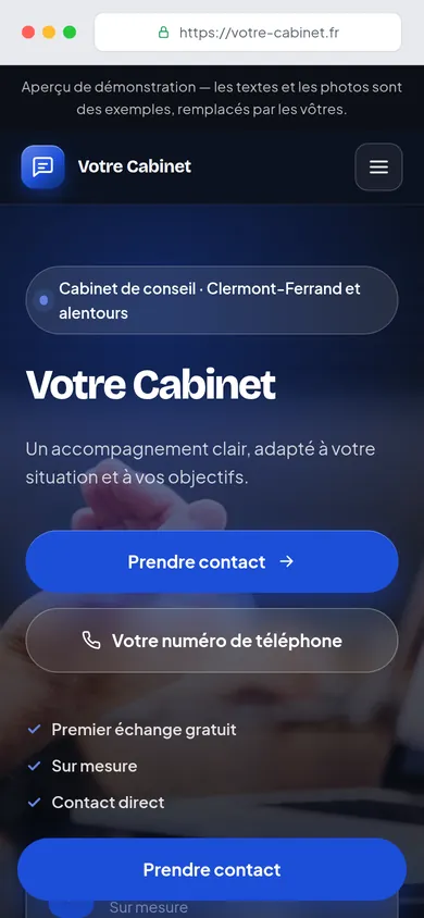 Concept professionnel : aperçu du site sur smartphone